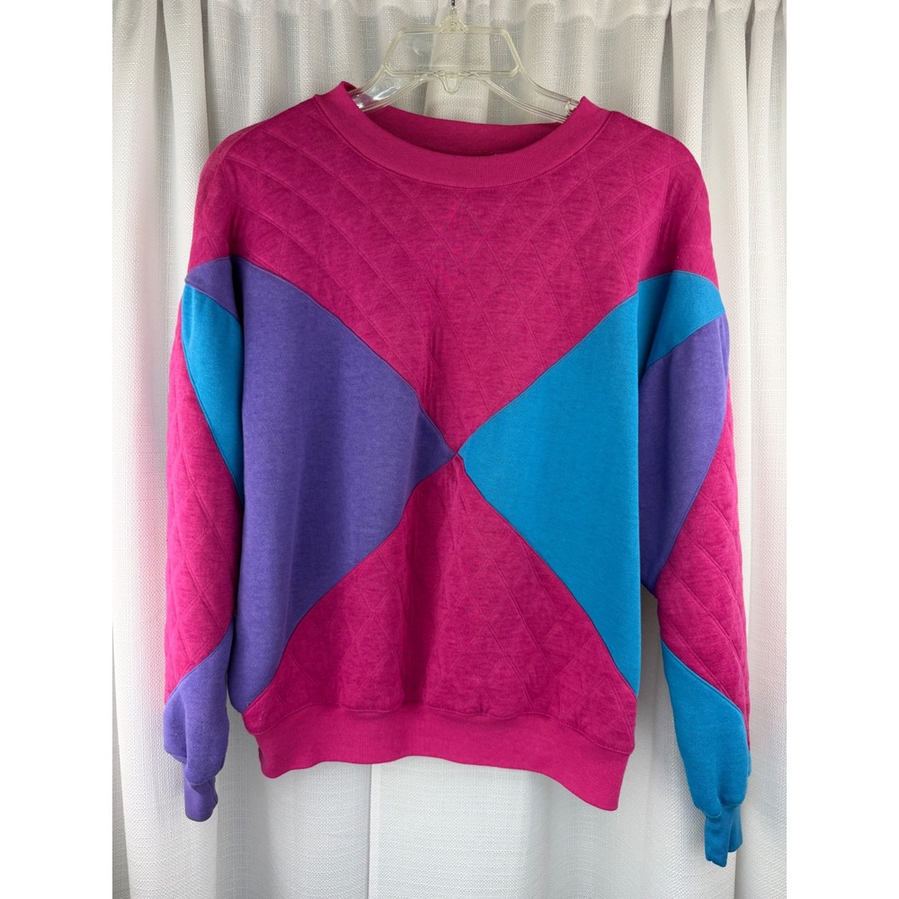 VTG FLAWED Alison Craig Magenta Colorblock Quilted Sweatshirt Womens Med 80s